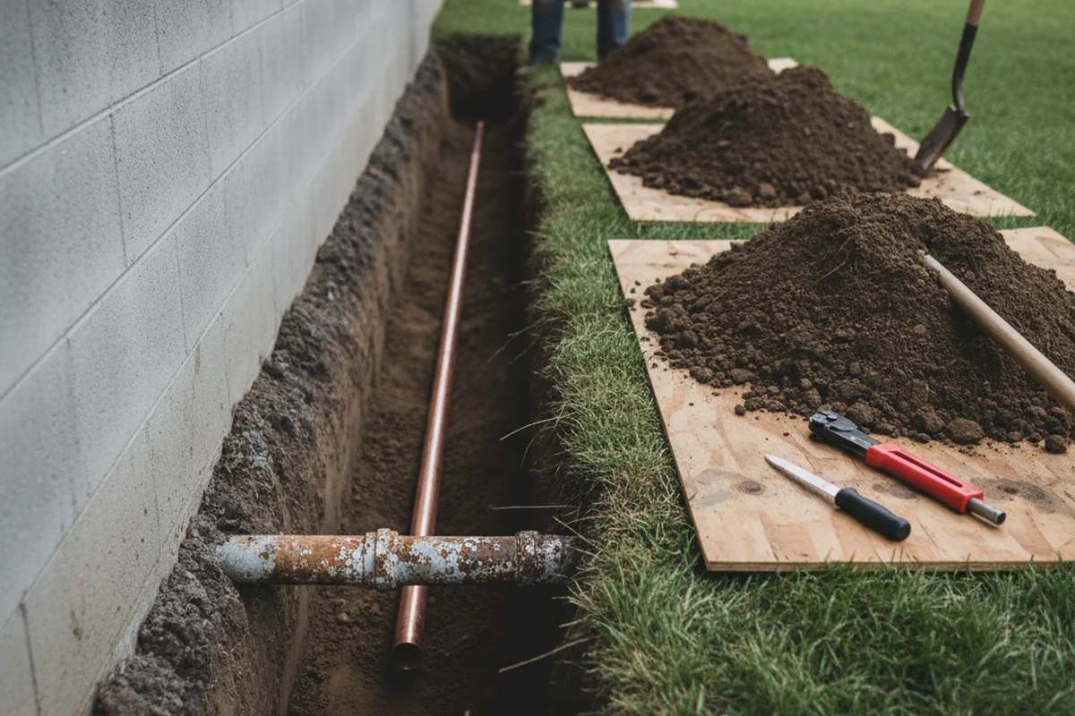 Excavated water line trench during Sewer Line Repair in Hope Mills